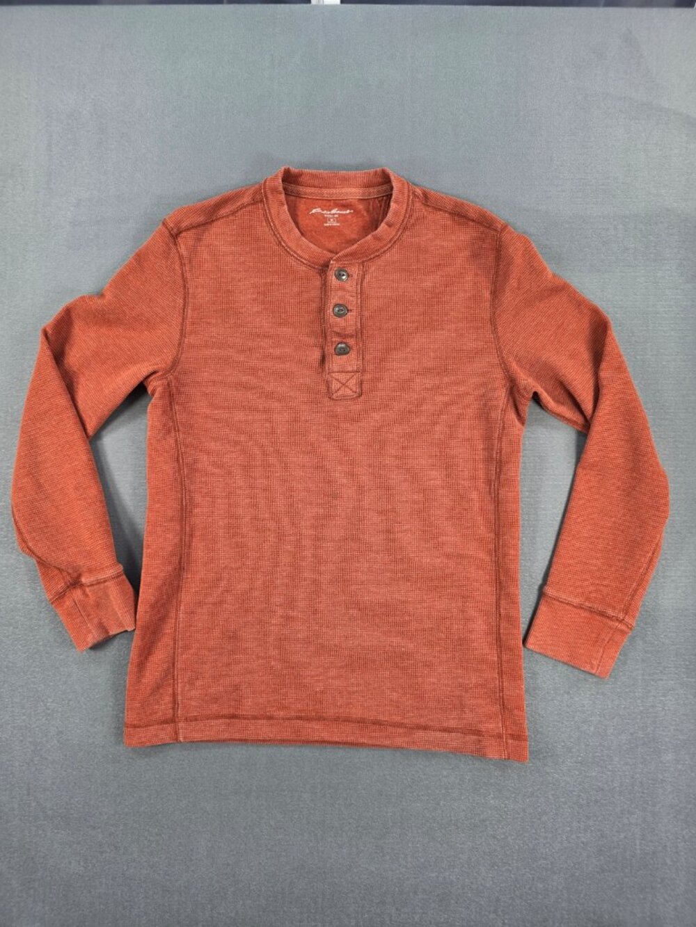 Eddie Bauer Men's Medium Henley Shirt Rust Waffle Knit Long Sleeve - Picture 2 of 8